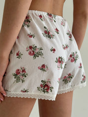 Satin Shorts mono rose bush on milky
