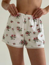 Satin Shorts mono rose bush on milky