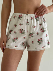 Satin Shorts mono rose bush on milky