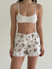 Satin Shorts mono rose bush on milky