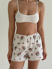 Satin Shorts mono rose bush on milky