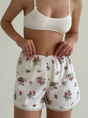 Satin Shorts mono rose bush on milky