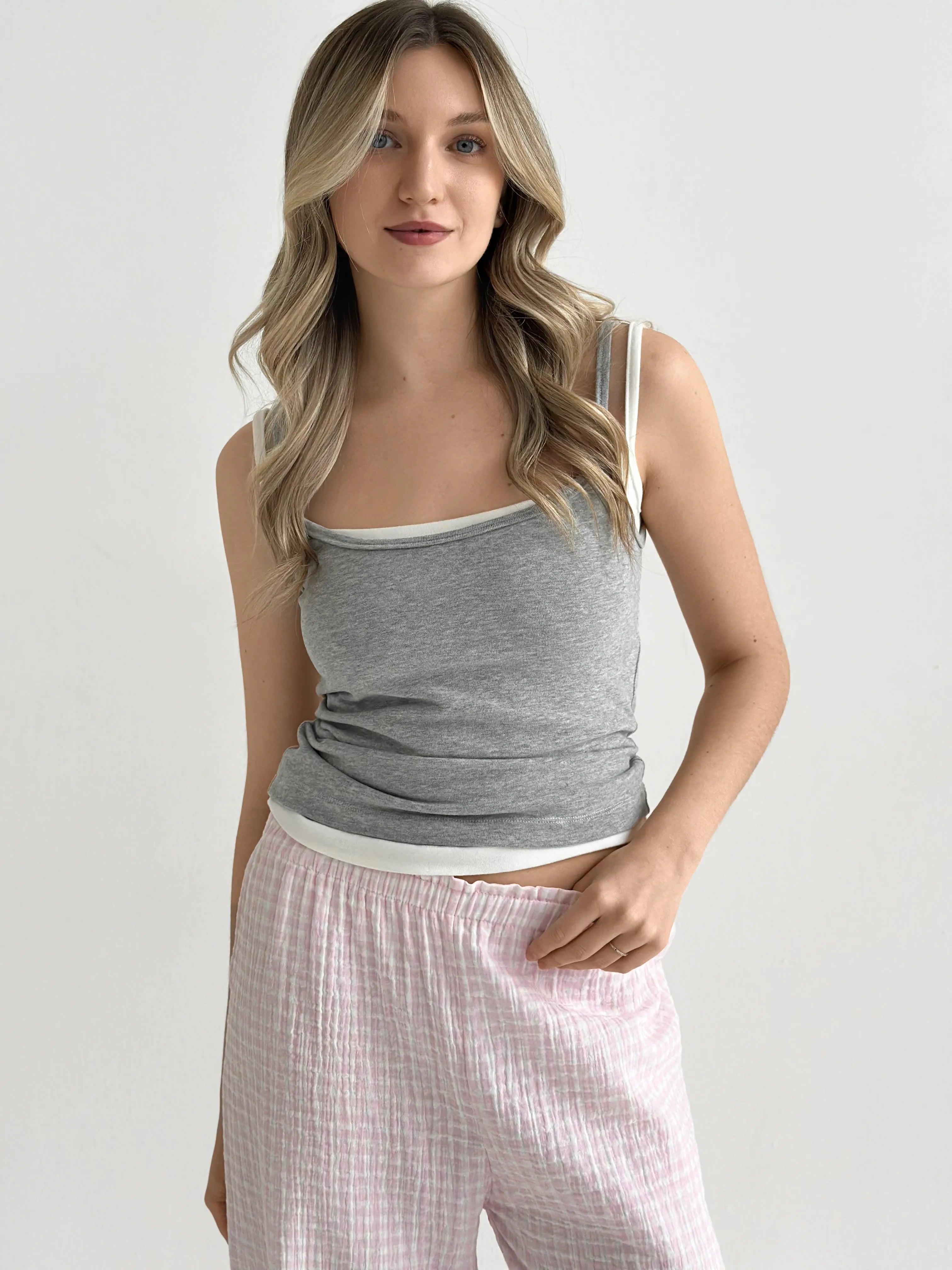 Muslin Pants Mono pink check on milky 2-ply