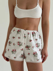 Satin Shorts mono rose bush on milky