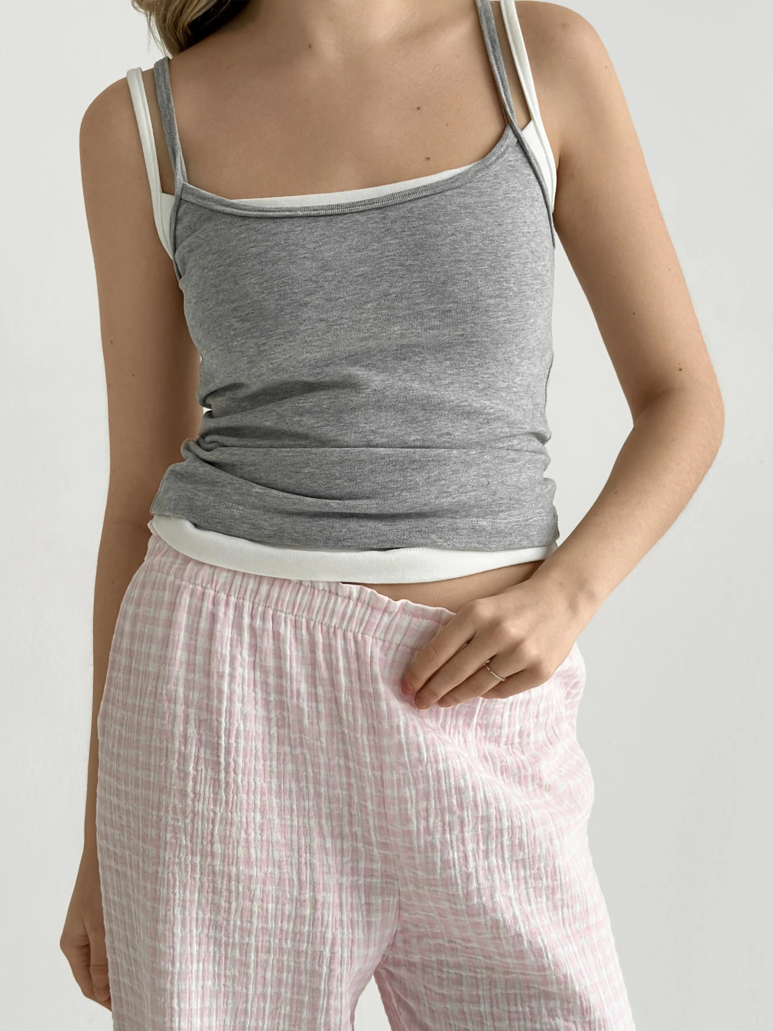 Muslin Pants Mono pink check on milky 2-ply