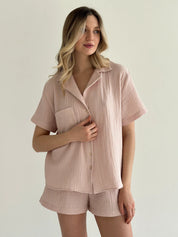 Muslin set 2-layer short-sleeved shirt and shorts powder