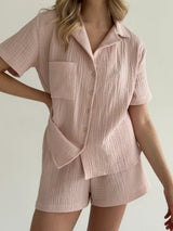 Muslin set 2-layer short-sleeved shirt and shorts powder
