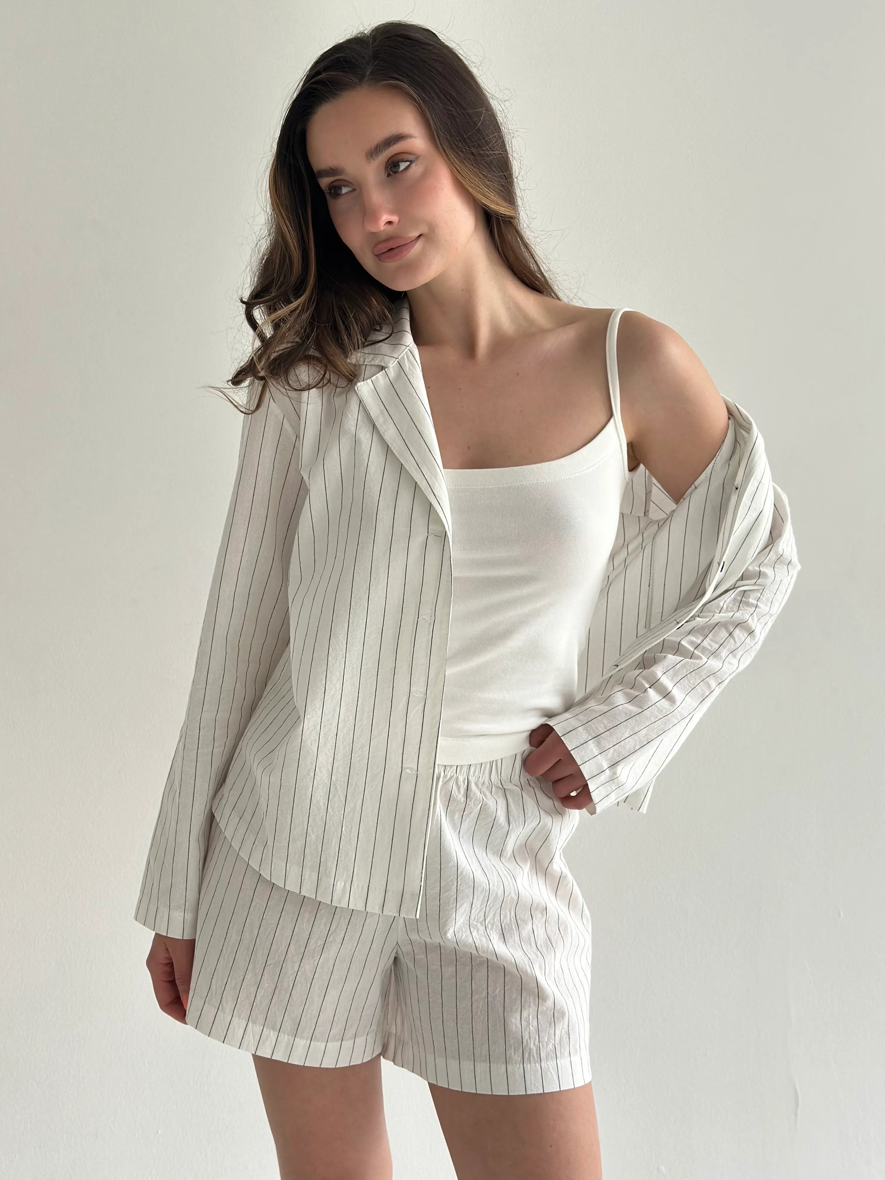Suit striped thin cotton Shirt and Shorts milk/black