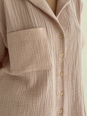Muslin set 2-layer short-sleeved shirt and shorts powder