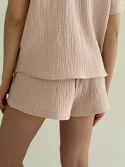 Muslin set 2-layer short-sleeved shirt and shorts powder