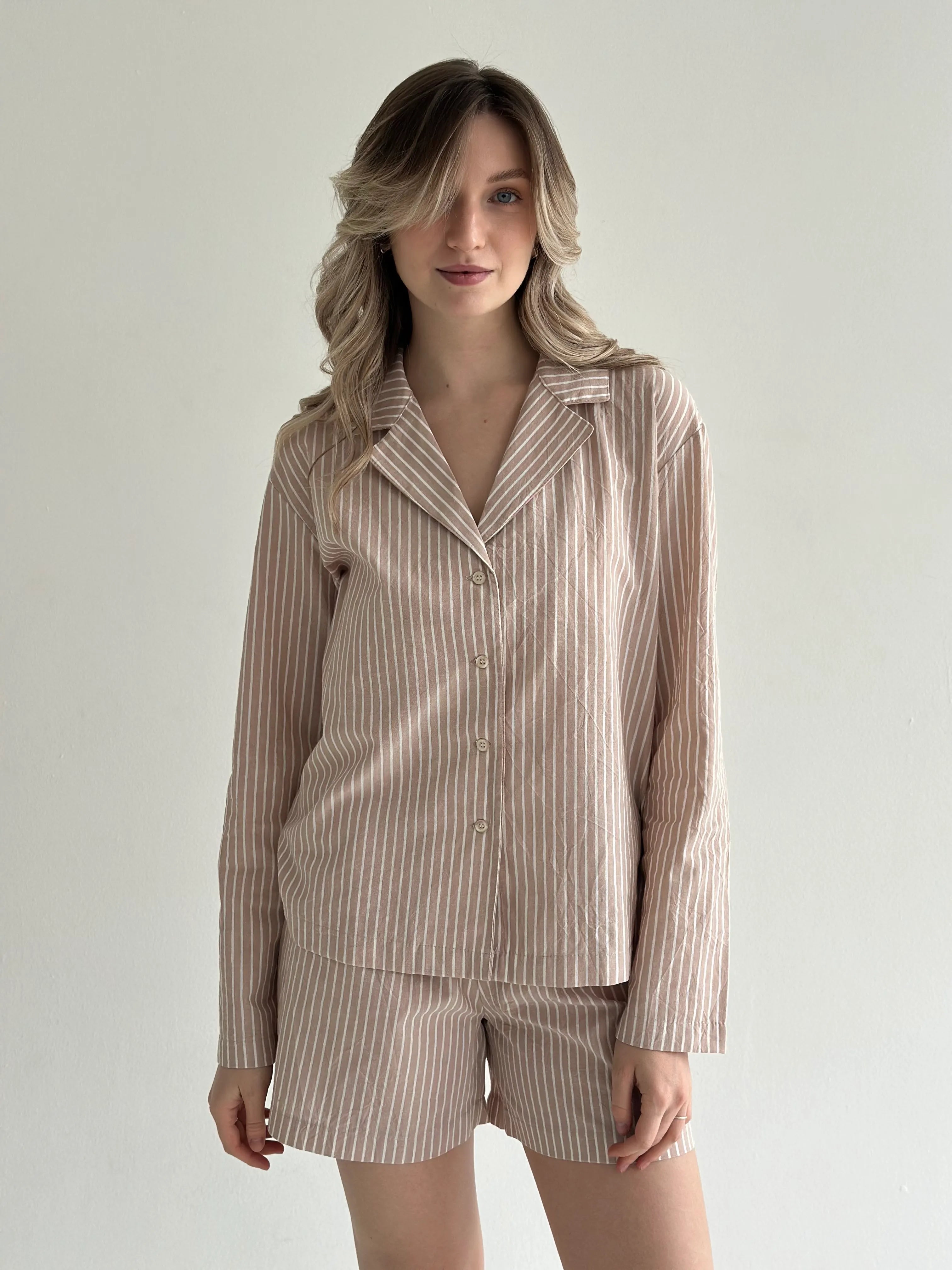 Striped cotton suit Shirt and shorts beige/milk