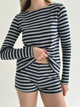 Striped knitwear Long sleeve suit and mini shorts grey/blue