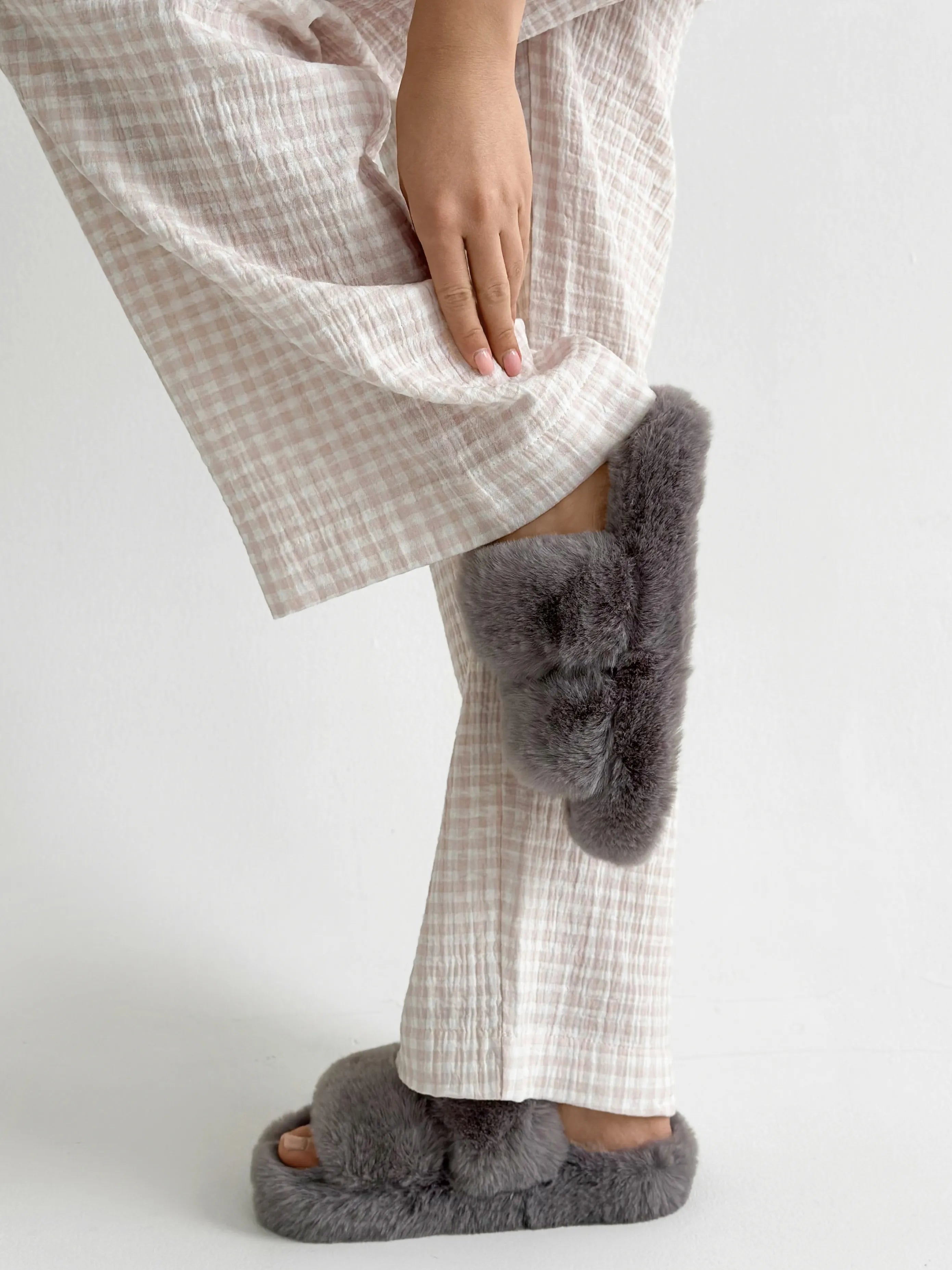 Muslin Pants Mono beige check on milky 2-ply