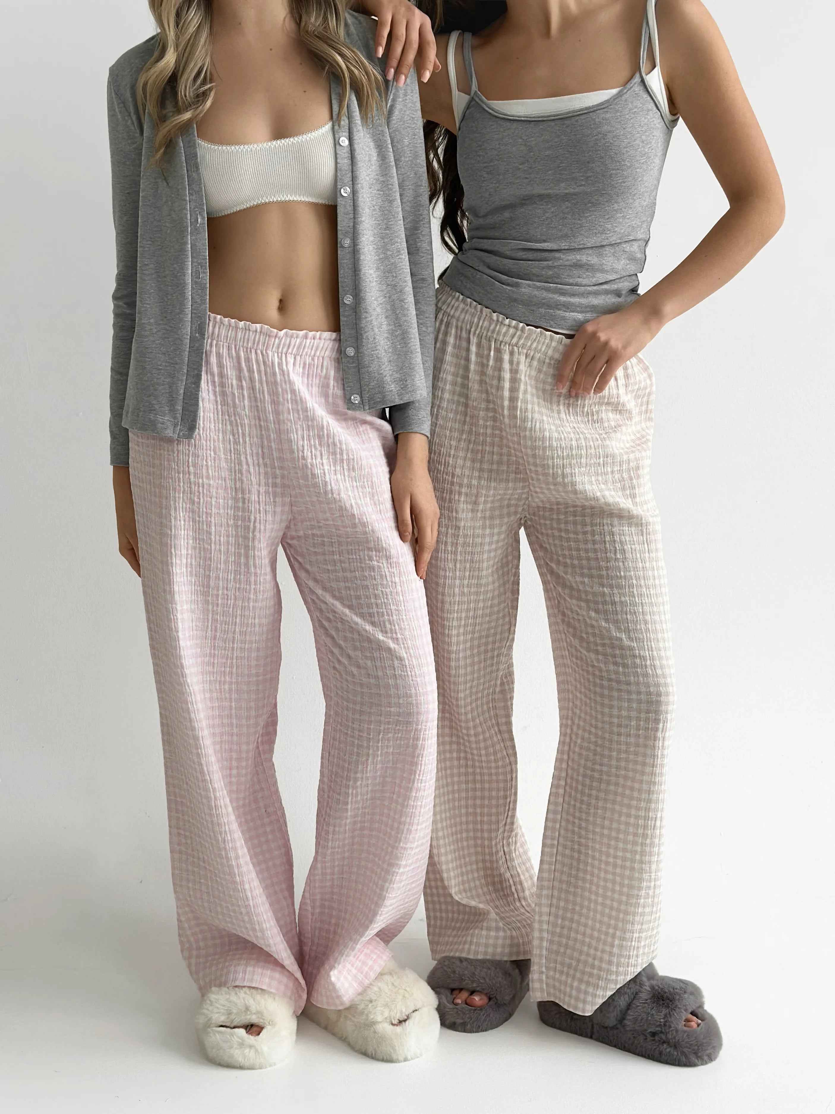 Muslin Pants Mono pink check on milky 2-ply