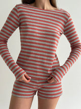 Striped Knitwear Long Sleeve and Mini Shorts Suit Grey/Terracotta
