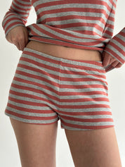 Striped Knitwear Long Sleeve and Mini Shorts Suit Grey/Terracotta