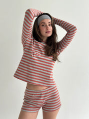 Striped Knitwear Long Sleeve and Mini Shorts Suit Grey/Terracotta