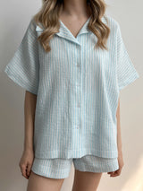 Blue striped muslin shirt and shorts suit