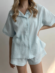 Blue striped muslin shirt and shorts suit