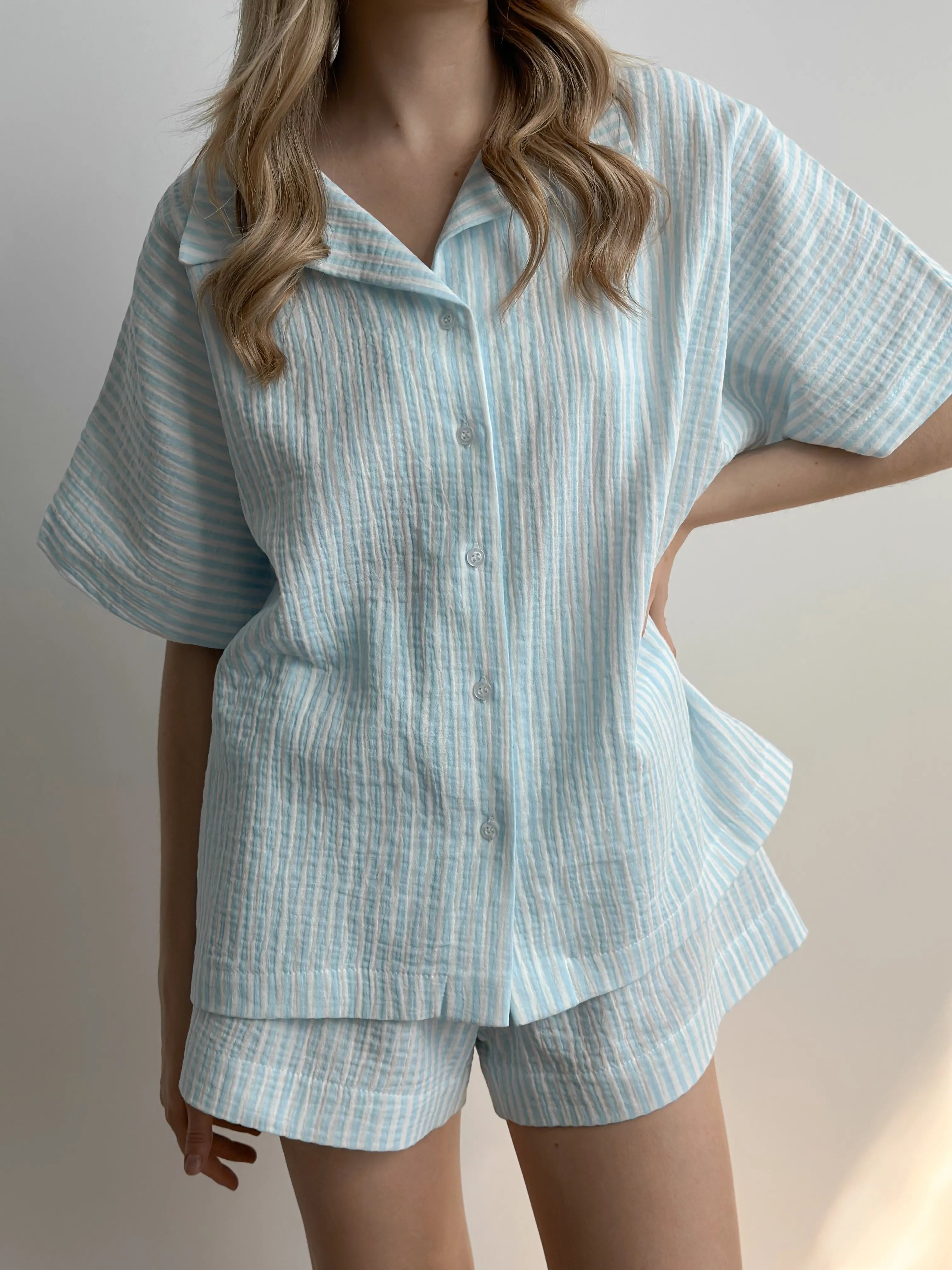 Blue striped muslin shirt and shorts suit