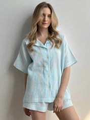 Blue striped muslin shirt and shorts suit
