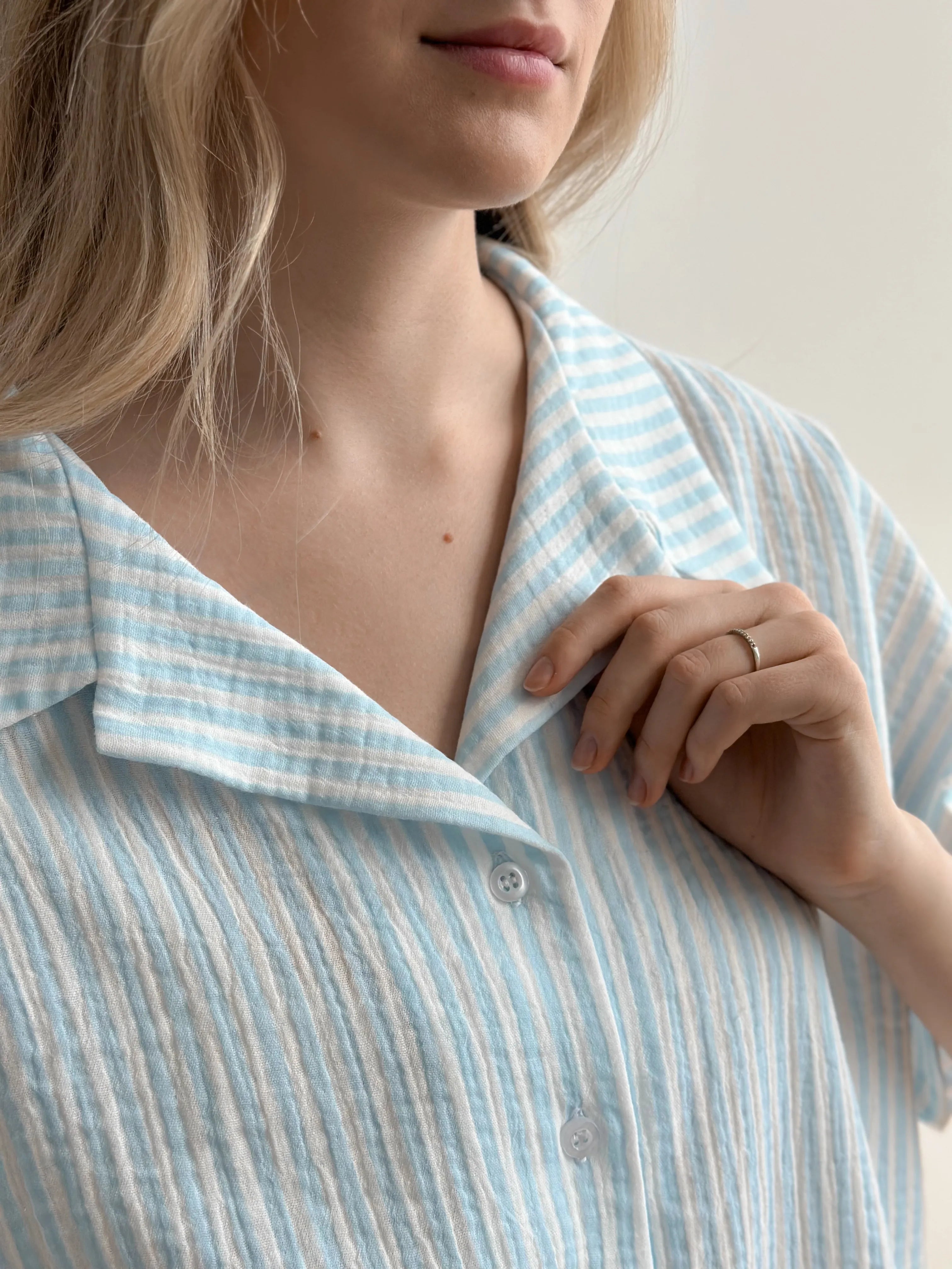 Blue striped muslin shirt and shorts suit