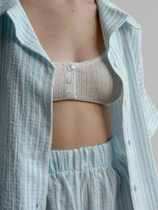 Blue striped muslin shirt and shorts suit