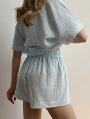 Blue striped muslin shirt and shorts suit