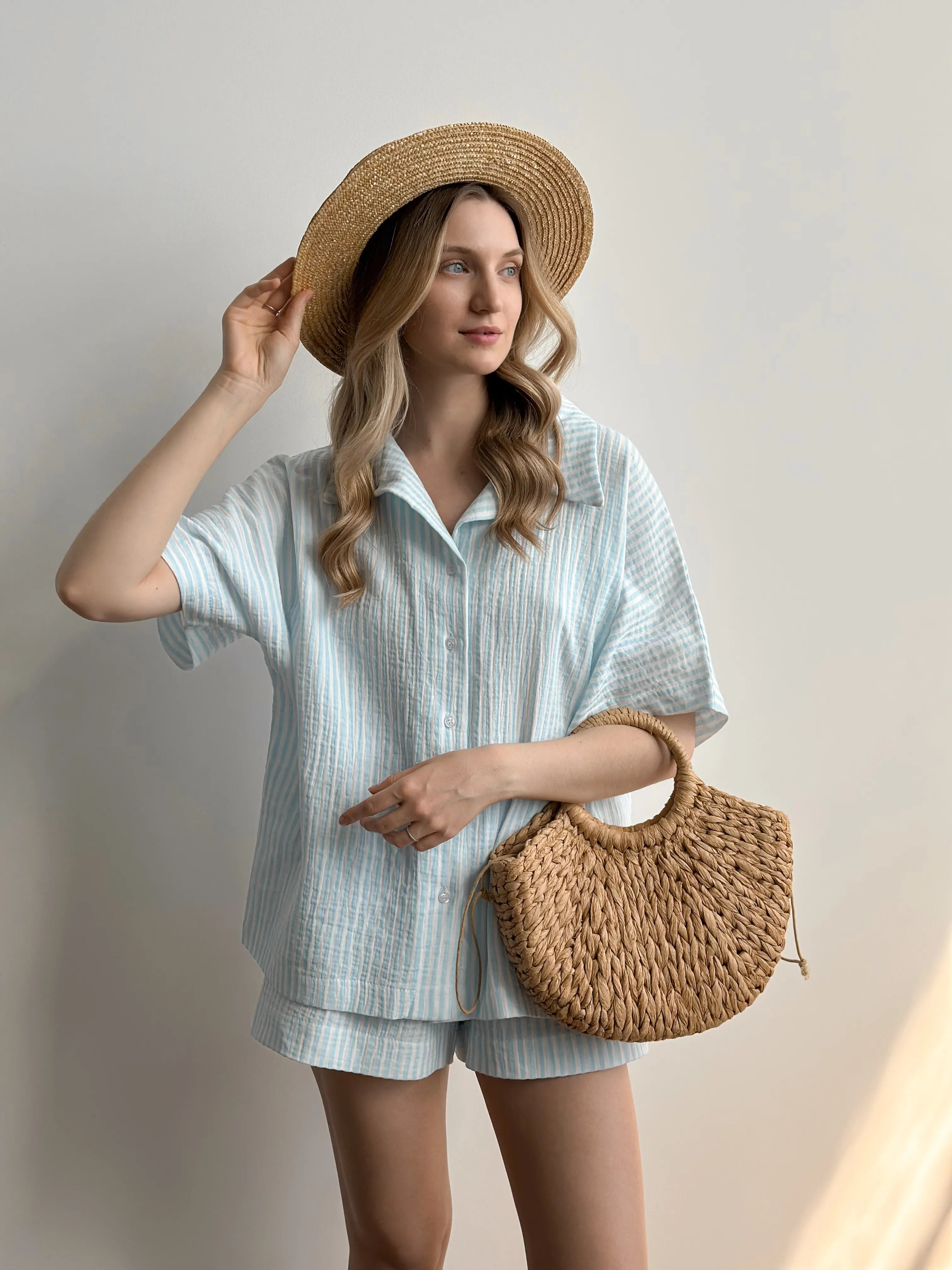 Blue striped muslin shirt and shorts suit