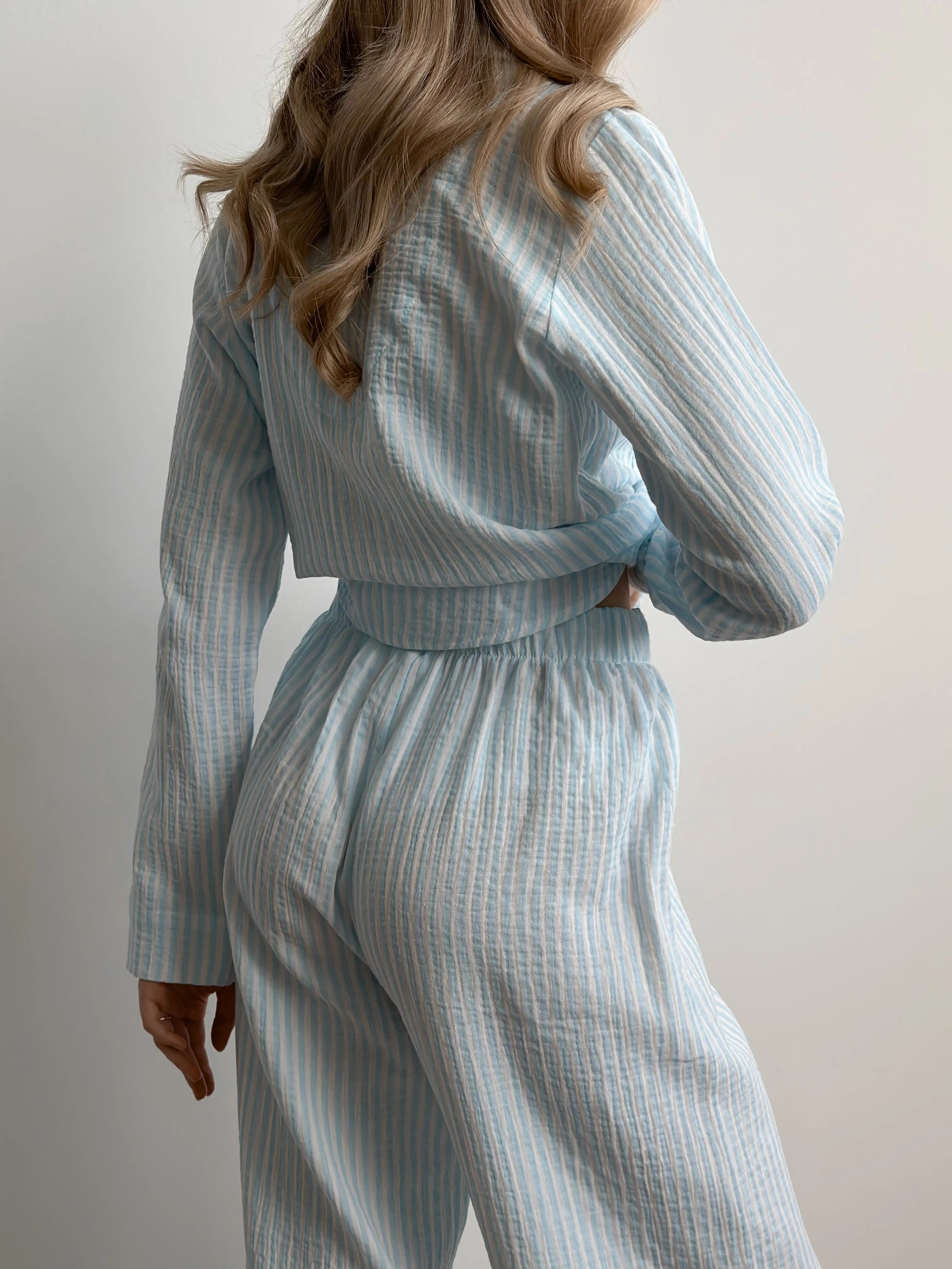 Blue striped muslin shirt and pants suit