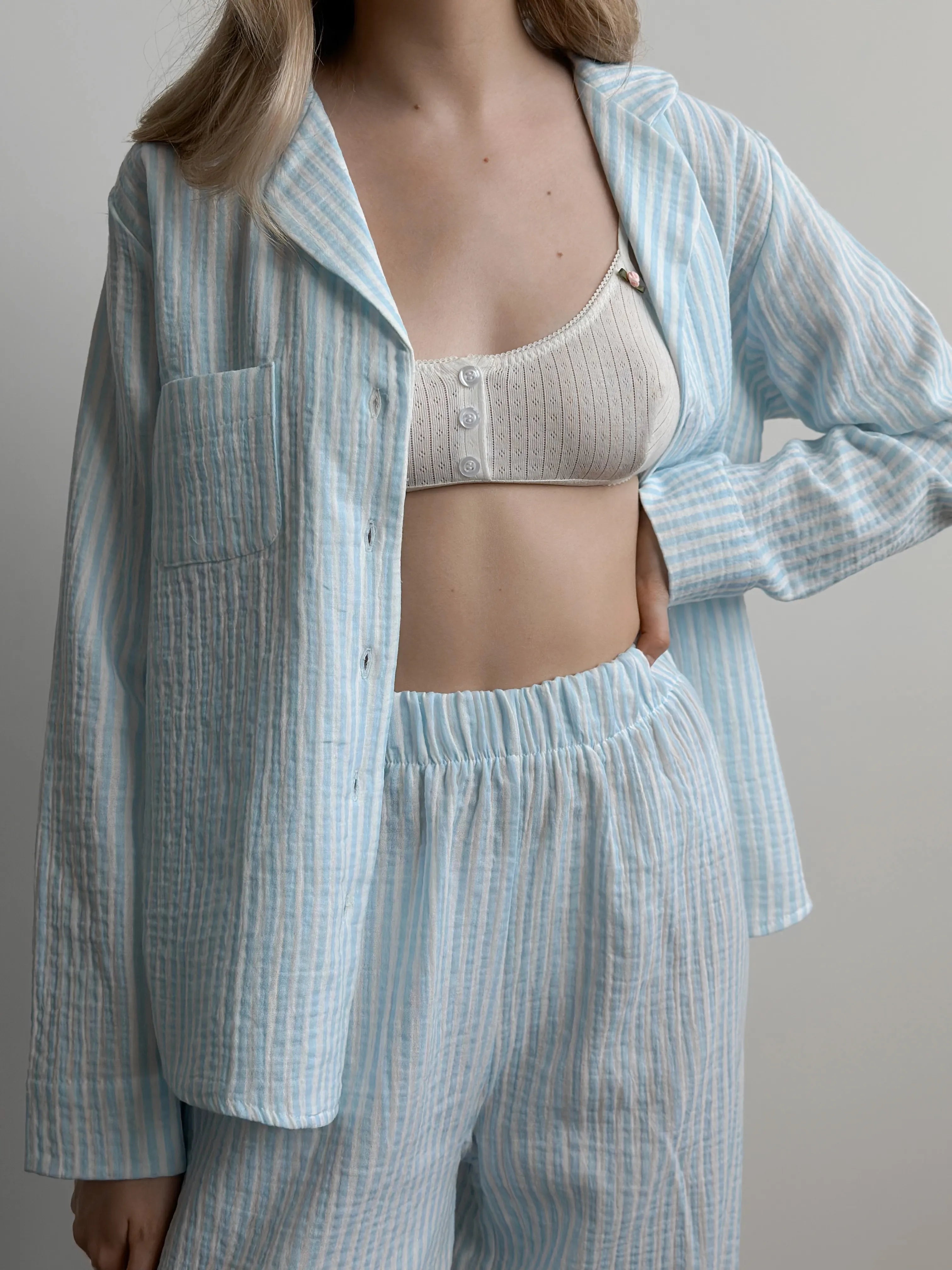 Blue striped muslin shirt and pants suit