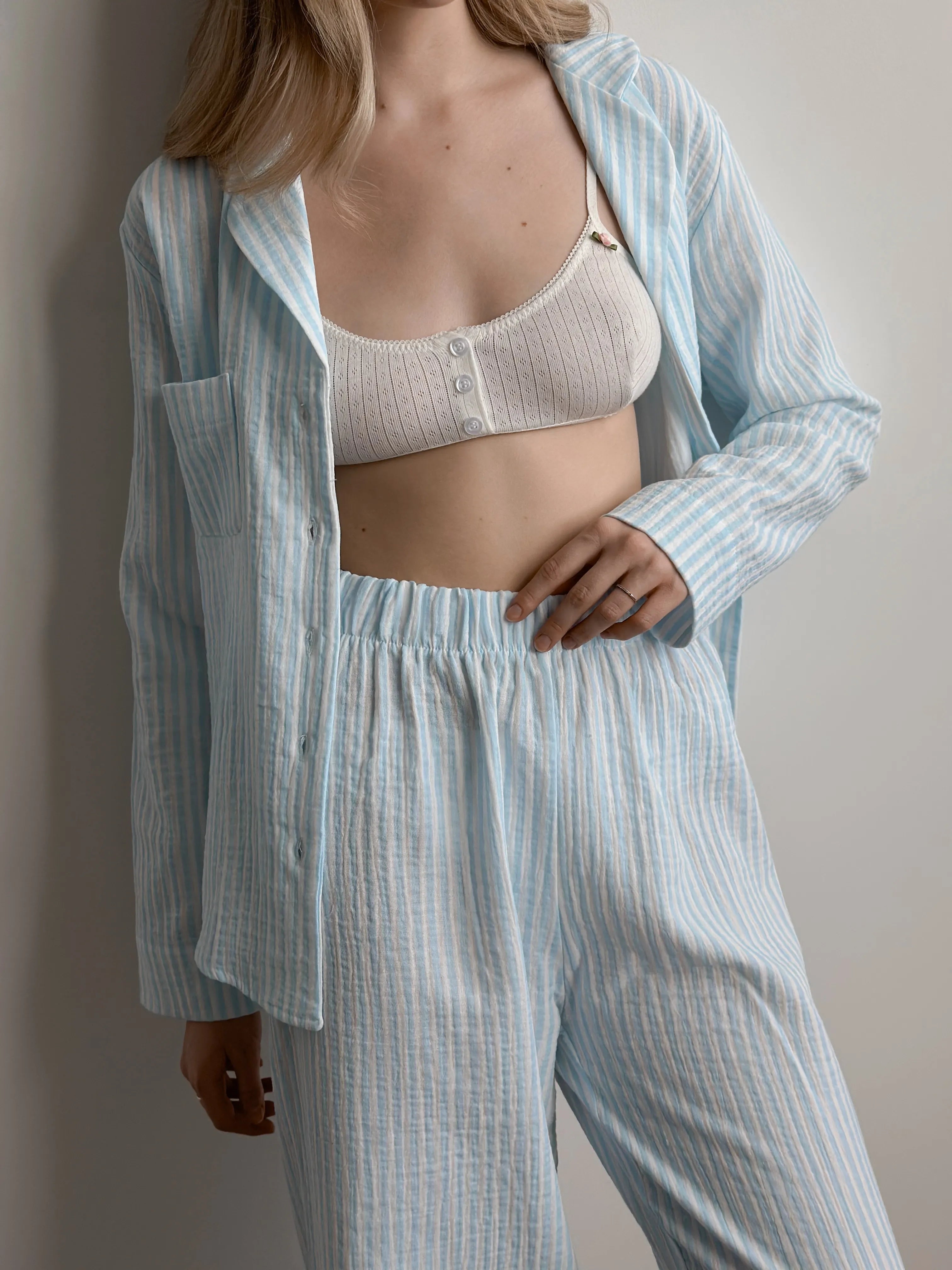 Blue striped muslin shirt and pants suit
