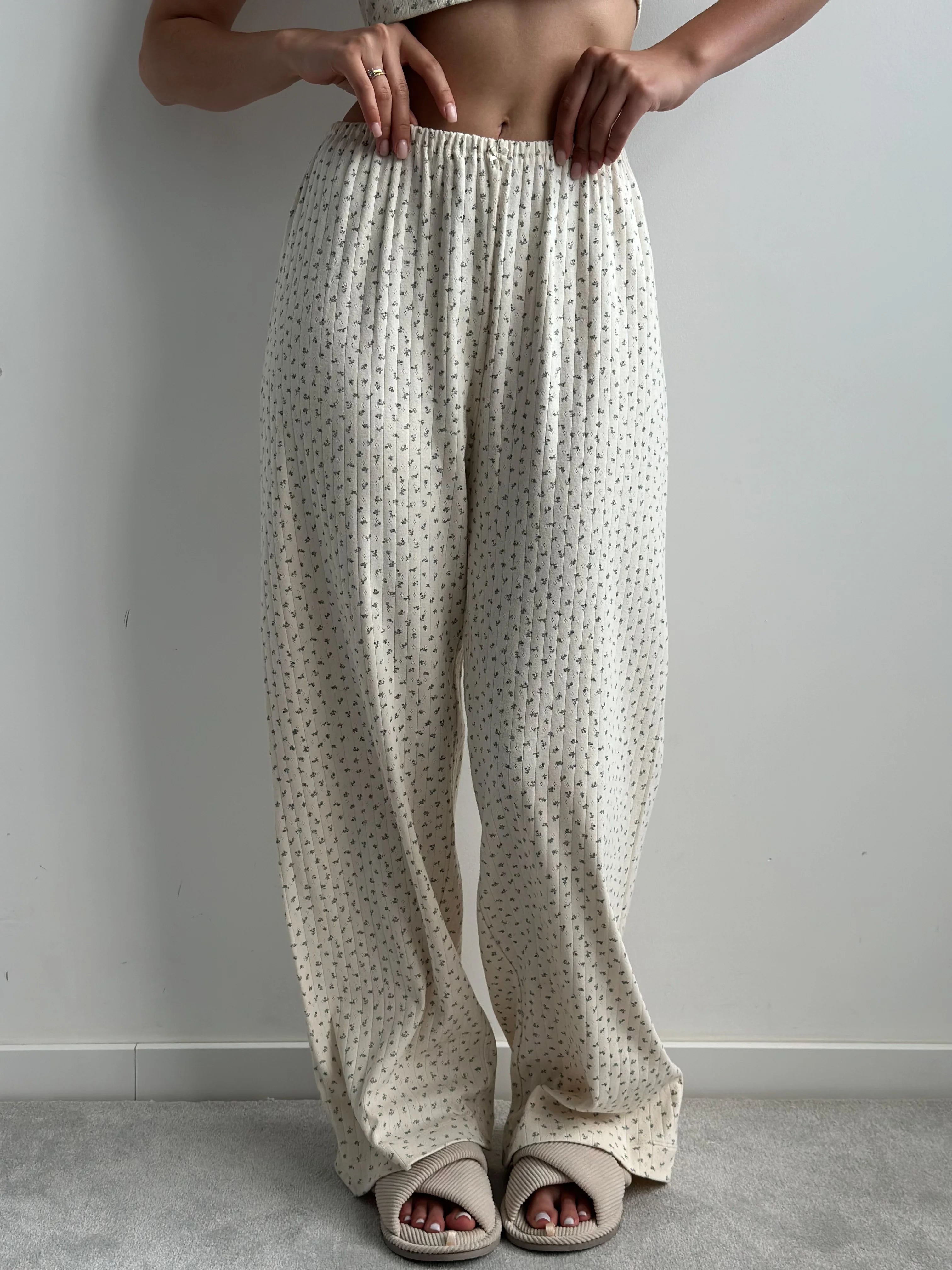 Ribbed wide pants blue flower