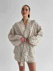 Muslin Shirt and Shorts Suit "Dark Brown Twigs" on Ivory