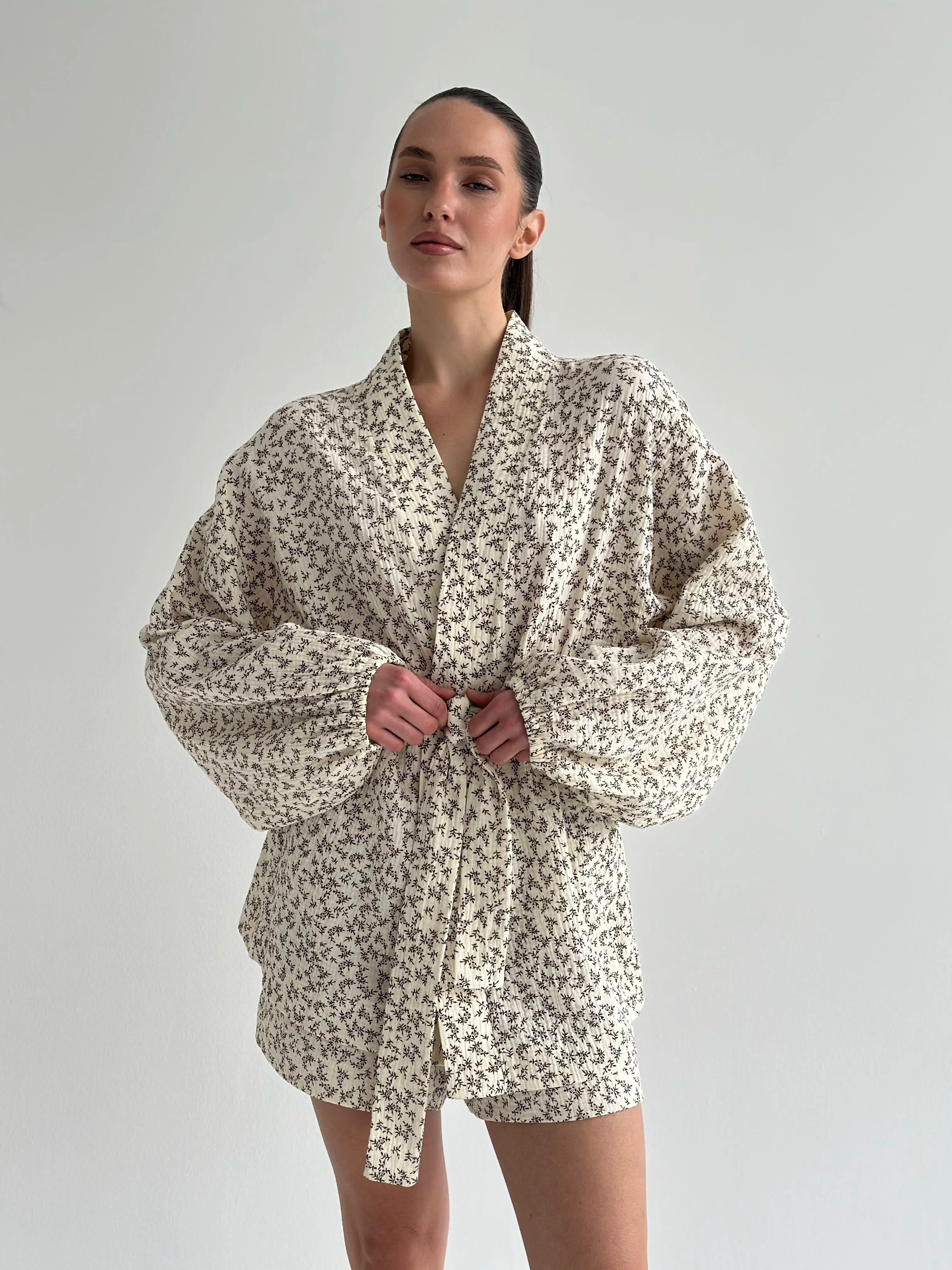 Muslin Shirt and Shorts Suit "Dark Brown Twigs" on Ivory