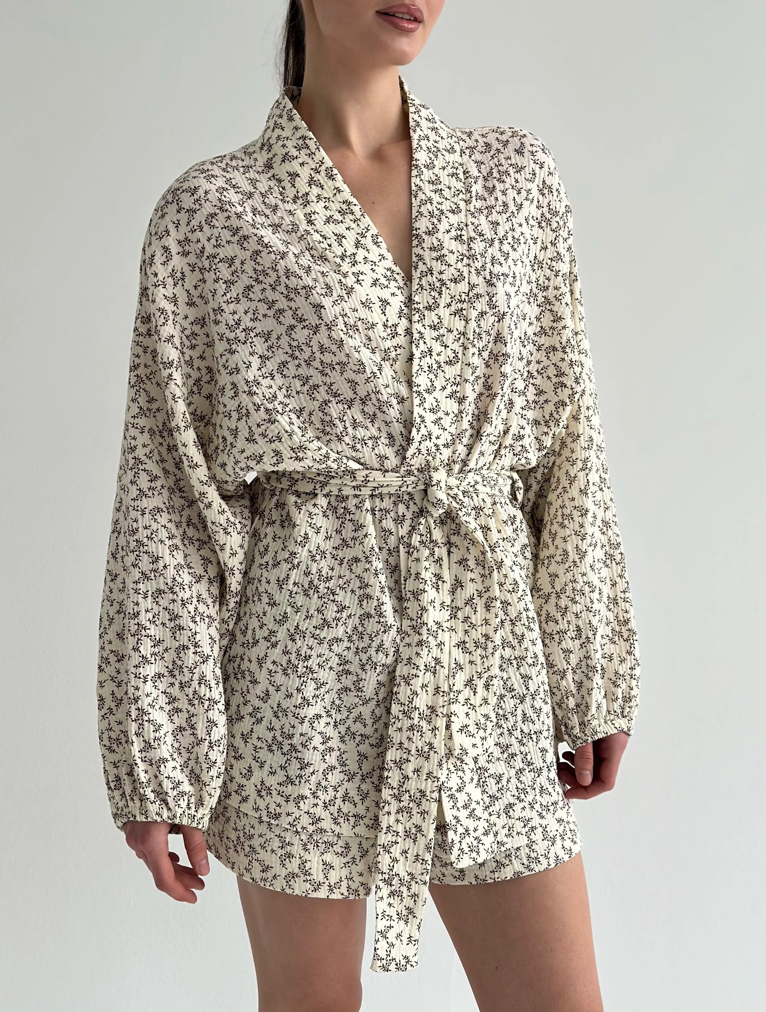 Muslin Shirt and Shorts Suit "Dark Brown Twigs" on Ivory