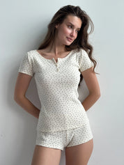 Ribbed T-shirt with buttons blue flower