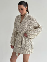 Muslin Shirt and Shorts Suit "Dark Brown Twigs" on Ivory