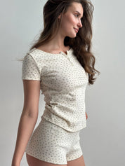 Ribbed T-shirt with buttons blue flower