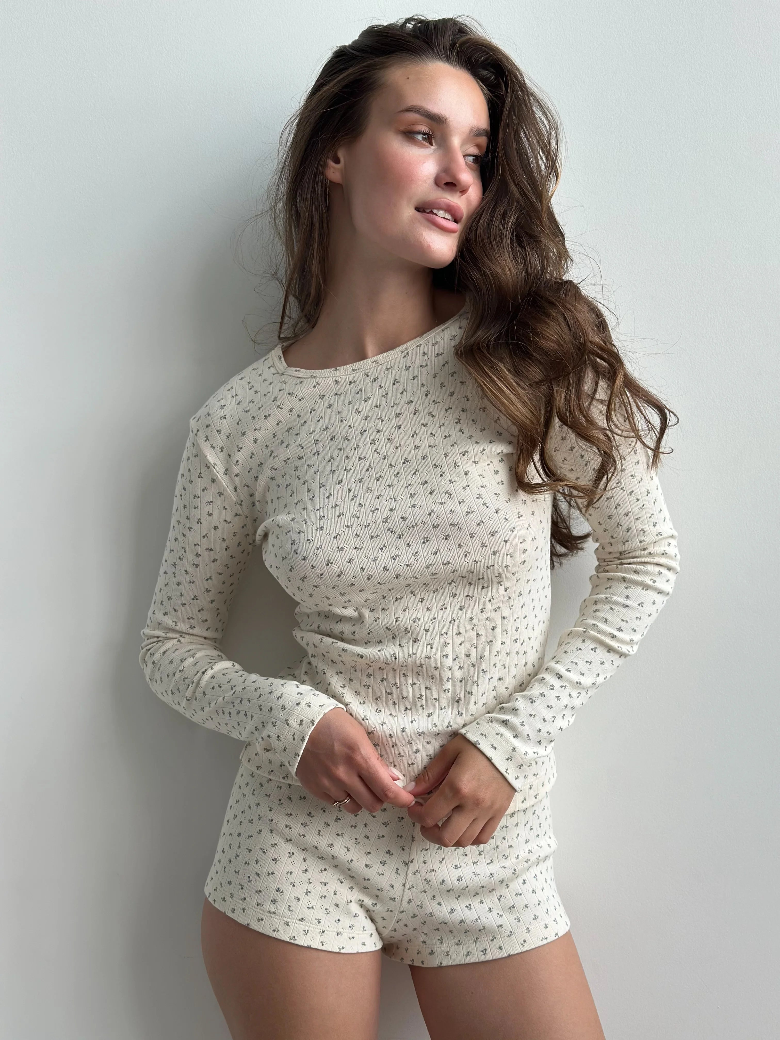 Ribbed longsleeve top (without button) blue flower