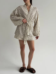 Muslin Shirt and Shorts Suit "Dark Brown Twigs" on Ivory