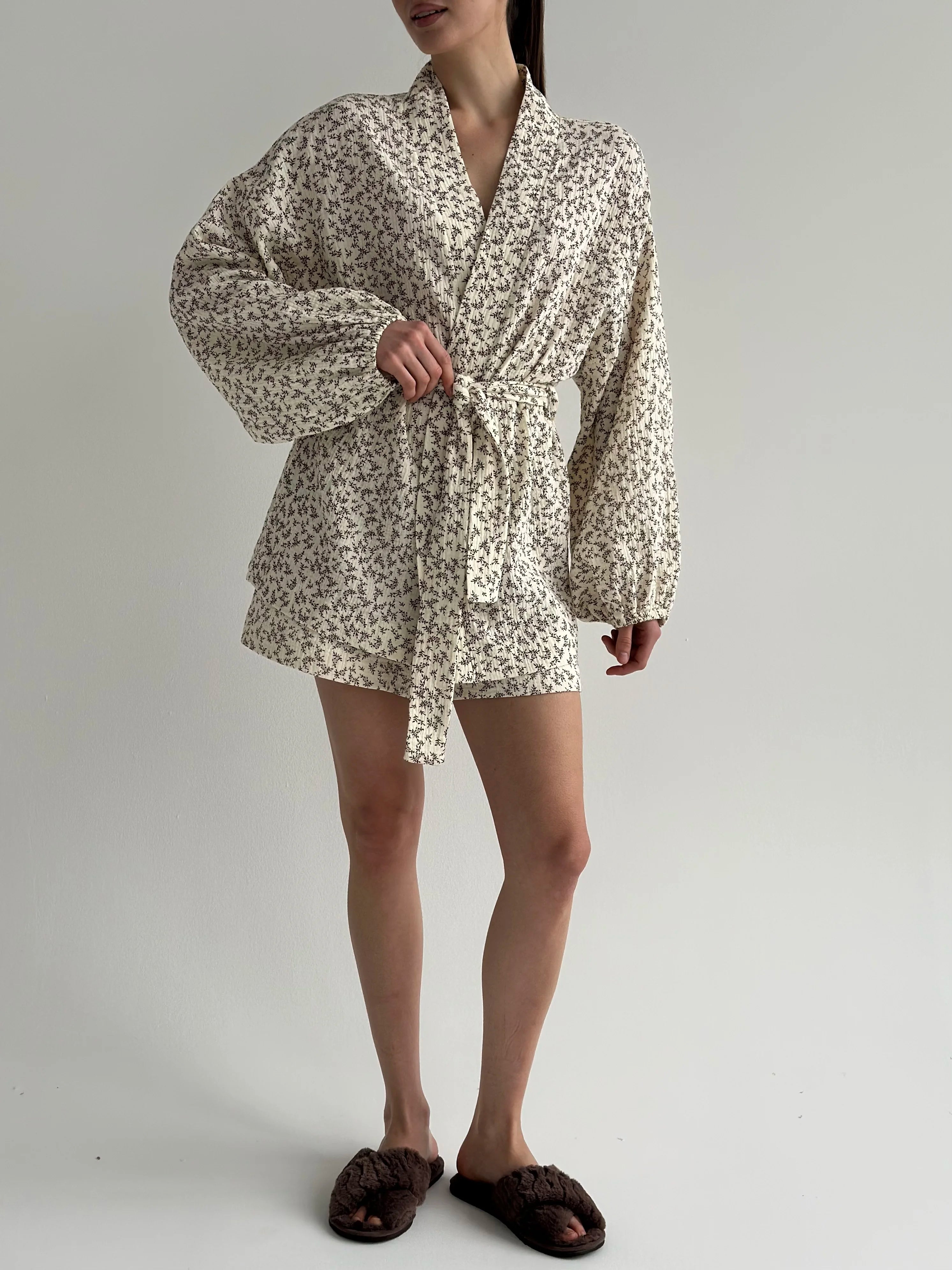 Muslin Shirt and Shorts Suit "Dark Brown Twigs" on Ivory