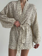 Muslin Shirt and Shorts Suit "Dark Brown Twigs" on Ivory