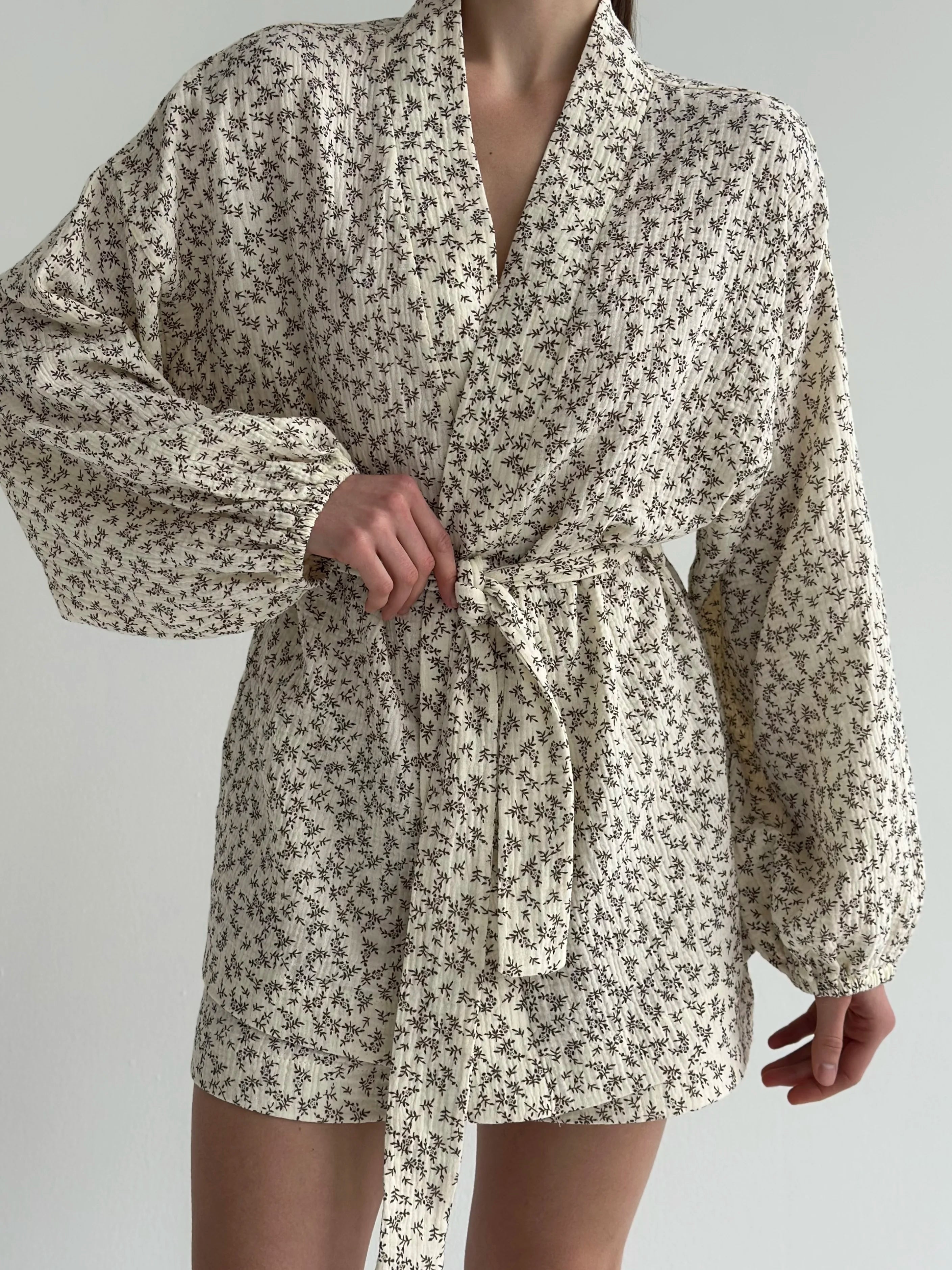 Muslin Shirt and Shorts Suit "Dark Brown Twigs" on Ivory