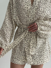Muslin Shirt and Shorts Suit "Dark Brown Twigs" on Ivory