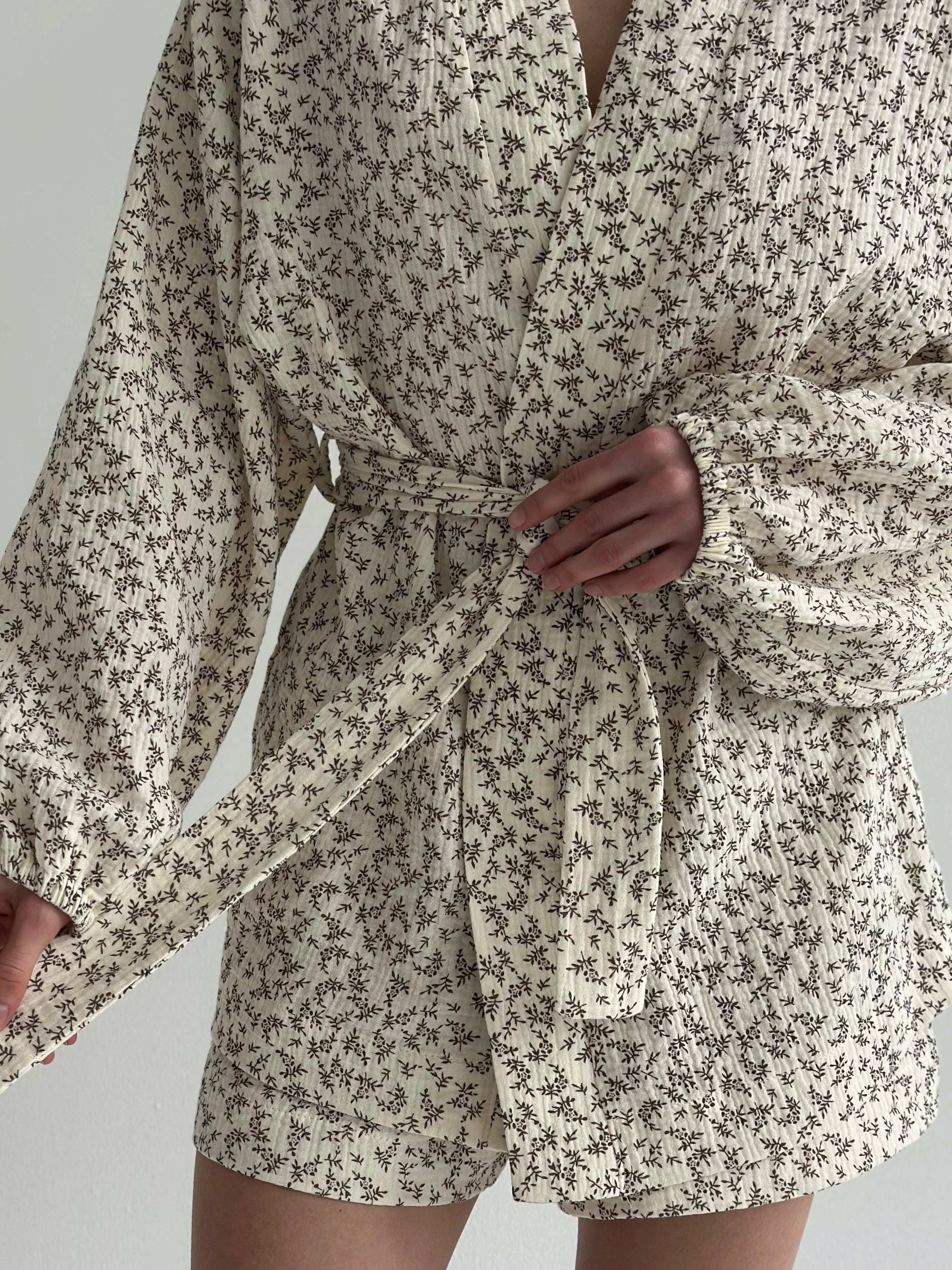 Muslin Shirt and Shorts Suit "Dark Brown Twigs" on Ivory