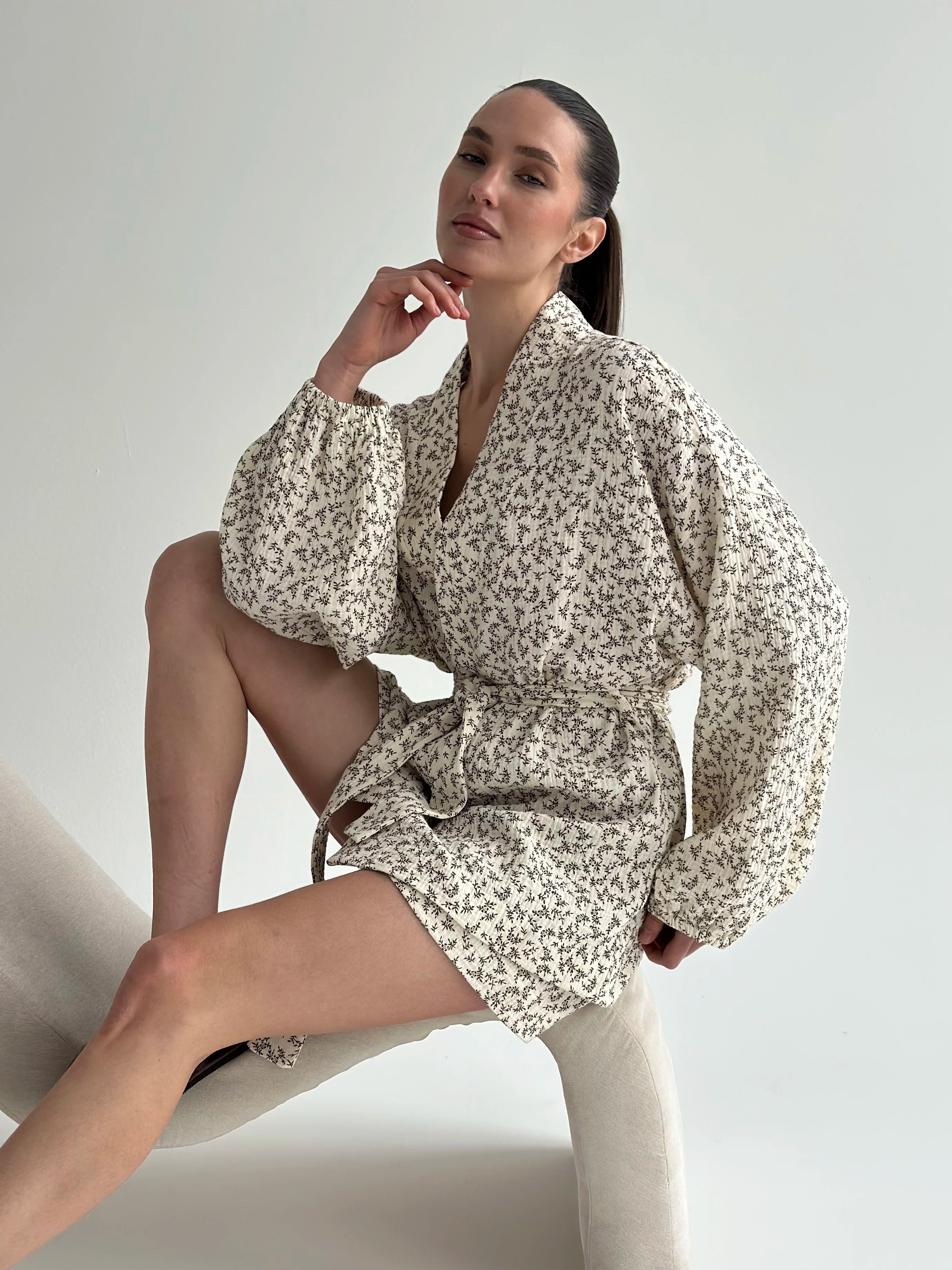Muslin Shirt and Shorts Suit "Dark Brown Twigs" on Ivory