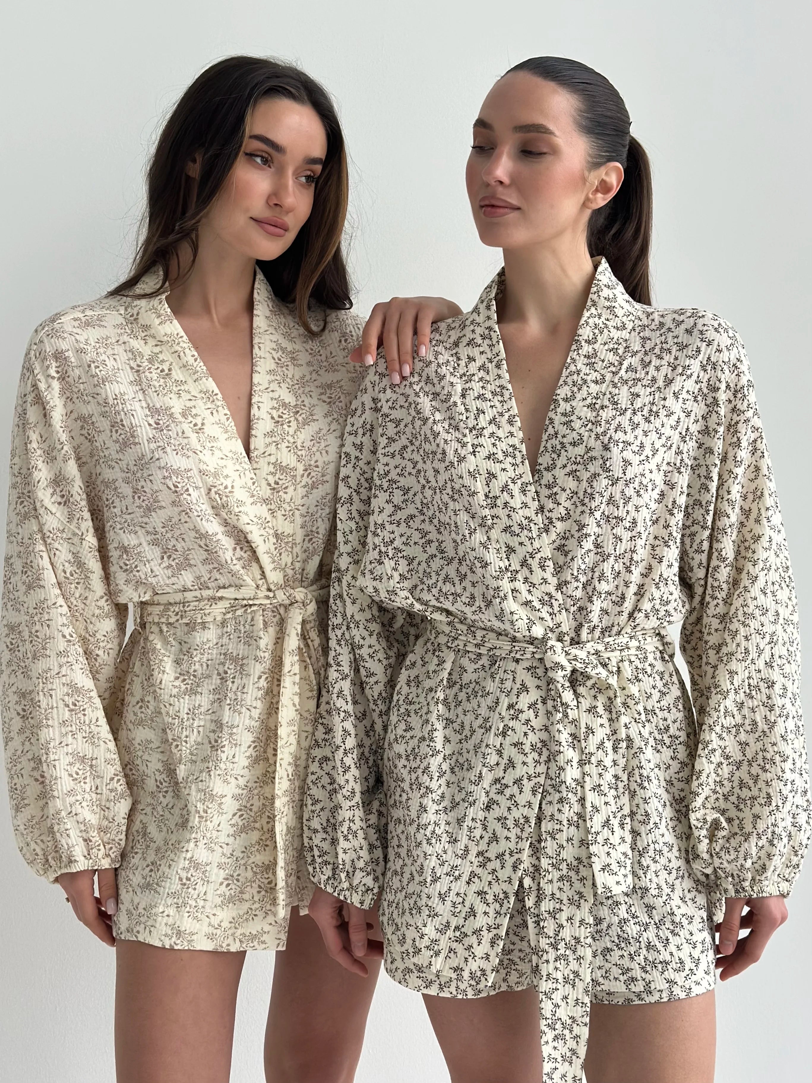 Muslin Shirt and Shorts Suit "Dark Brown Twigs" on Ivory