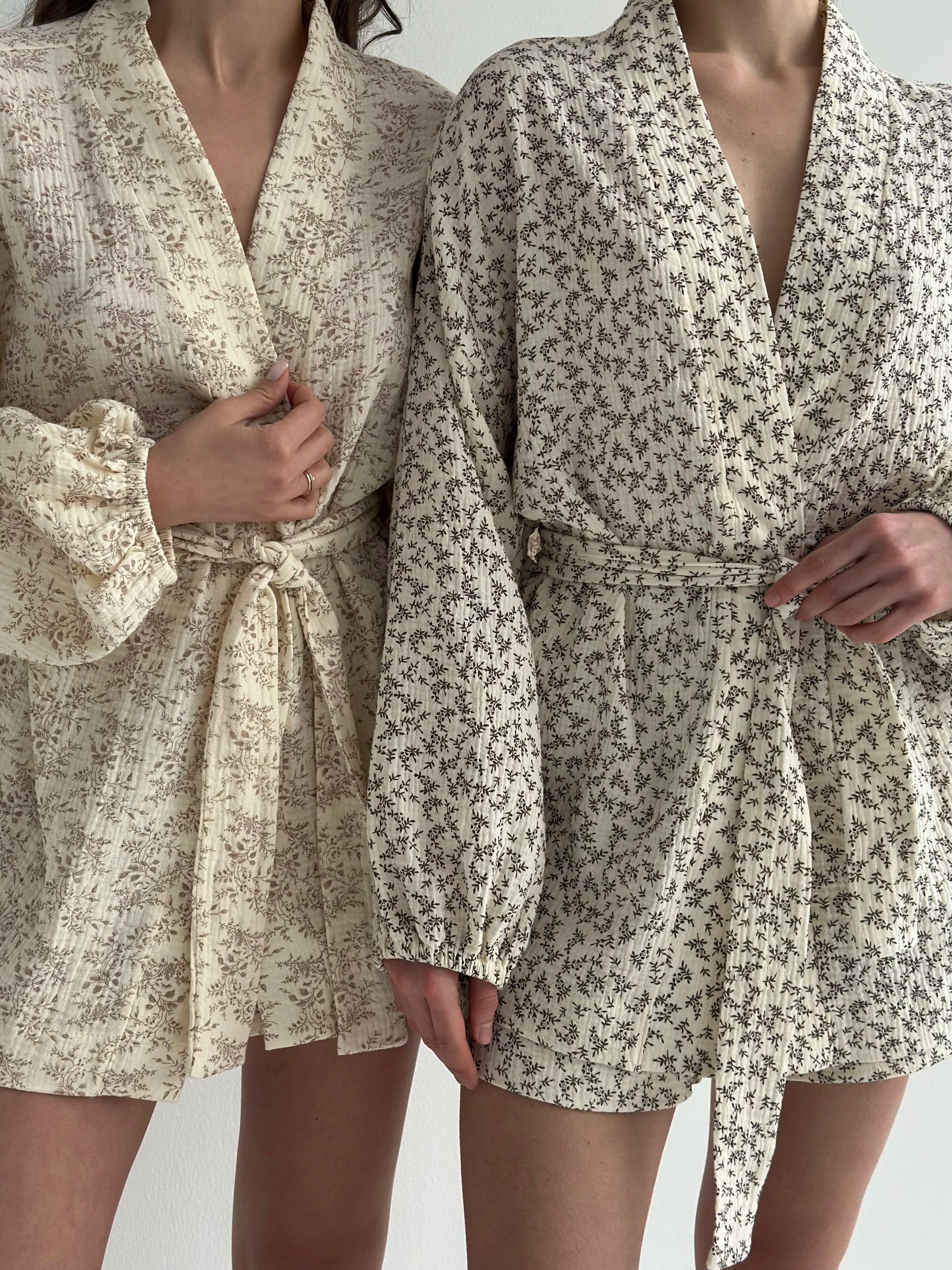 Muslin Shirt and Shorts Suit "Dark Brown Twigs" on Ivory