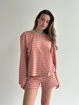Striped knitwear Oversized long-sleeved suit and shorts gray/orange
